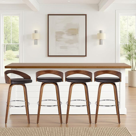 Armen Living Sonia 30" Bar Height Swivel Brown Faux Leather and Walnut Wood Bar Stool - Set of 4