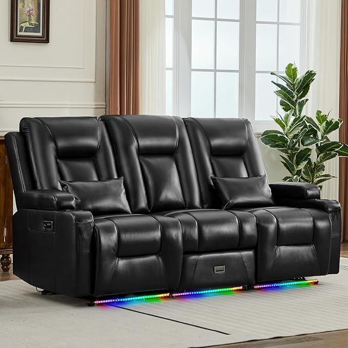 URRED Power Loveseat Recliner Sofa with Console, Wall Hugger Reclining Loveseat RV Couch with LED Light, 150° Zero Gravity Recliners Modular Couches for Living Room (Glossy Black, 77.3'' - 3 Seats)