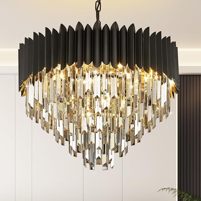 Black Crystal Chandelier 24'' K9 Smoke Gray Crystal Round Pendant Lights Adjustable 5-Tier Modern Chandelier Light 10-Lights for Dining Room Living Room Kitchen Foyer Entryway