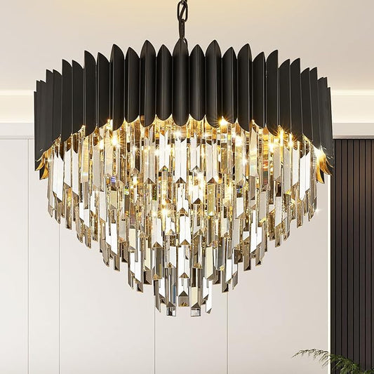 Black Crystal Chandelier 24'' K9 Smoke Gray Crystal Round Pendant Lights Adjustable 5-Tier Modern Chandelier Light 10-Lights for Dining Room Living Room Kitchen Foyer Entryway