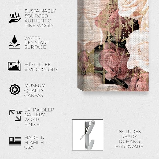 The Oliver Gal Artist Co. and Botanical 'Pink Rose Bouquet Three Piece' Florals by Oliver Gal Pink, Gold 3 Panel Wall Art Canvas Wall Art Ready to Hang Home Decor 40083 CANV XHD 3- piece 16x36, 3pc set