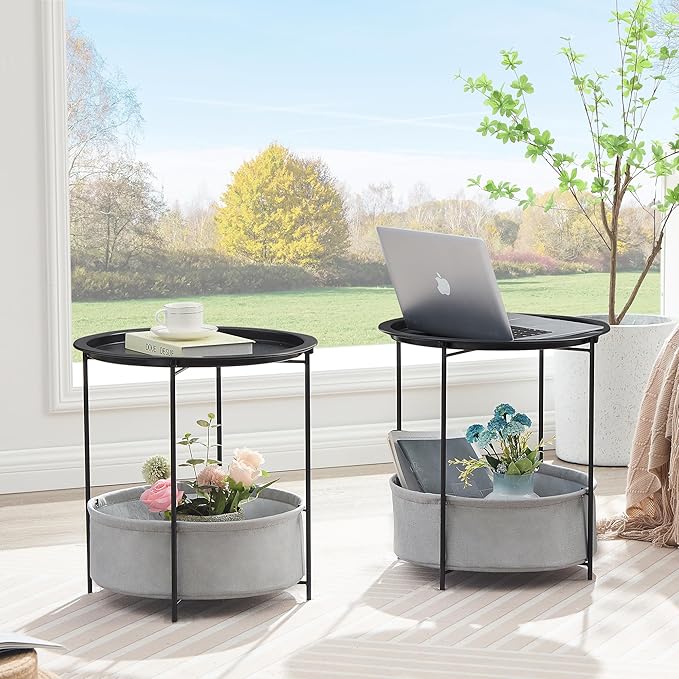 VECELO Round Side/End Table with Fabric Storage Basket，Metal Anti-Rust and Waterproof Small Bedside Nightstand with Removable Tray Top for Living Room，Balcony & Laundry，Black /1pcs with Basket