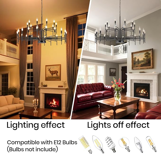 Black Chandelier 30 Light Large Modern Farmhouse Chandeliers for Dining Room Lights Fixture, 47" Round Candle Large Chandeliers for High Ceilings Living Room Foyer Entryway 2 Tier