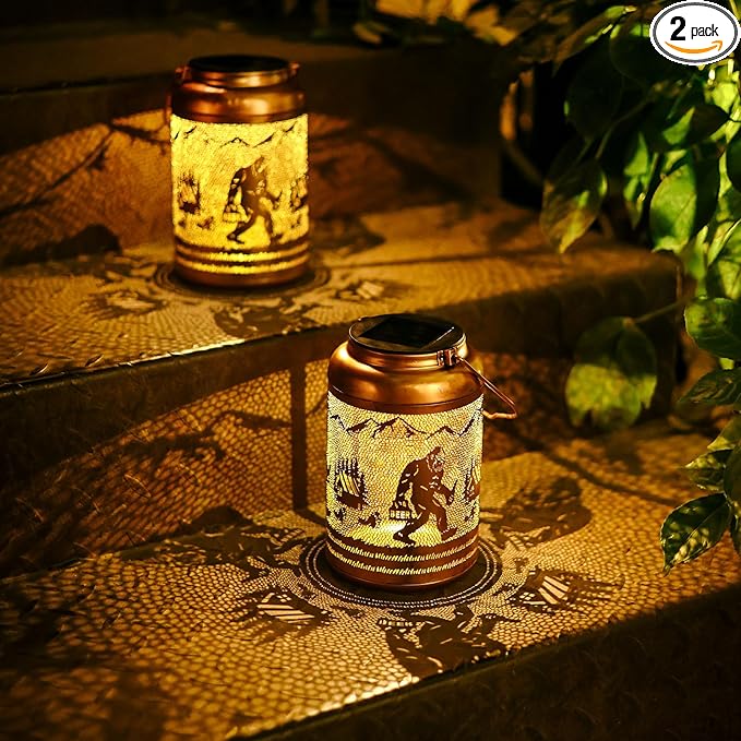 2Pack Solar Lanterns Outdoor Waterproof Hanging Bigfoot Solar Lights Big Foot Sasquatch Gifts for Women Mom Grandma Metal Decorative LED Light for Garden Decor, Yard, Patio, Lawn, Porch