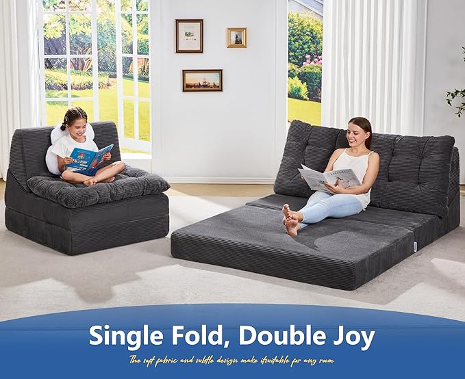 Hobestluk Sofa Couch Folding Sofa Bed Sleeper Comfy Floor Lounger Loveseat Sofa with Removable Cushion Couches Foldable Mattress for Living Room Bedroom or Office (Cordury Grey, Oversize)