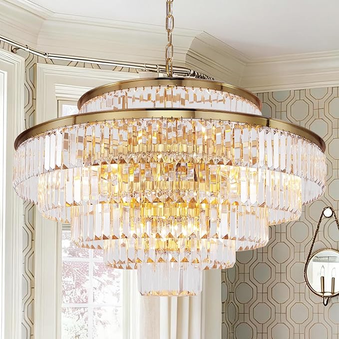 Gold Modern Crystal Chandeliers Large Chandelier 6-Tier Hanging Raindrop Pendant Light Fixture for Dining Room Bedroom Living Room Dia 31 Inch