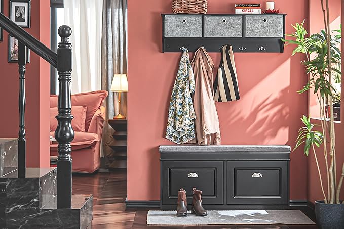 SoBuy Wall Shelf with Hooks, Coat Rack Wall Mount with Shelf Entrywall Storage Cabinet Unit with 3 Baskets 5 Hooks, Black, FRG282-SCH