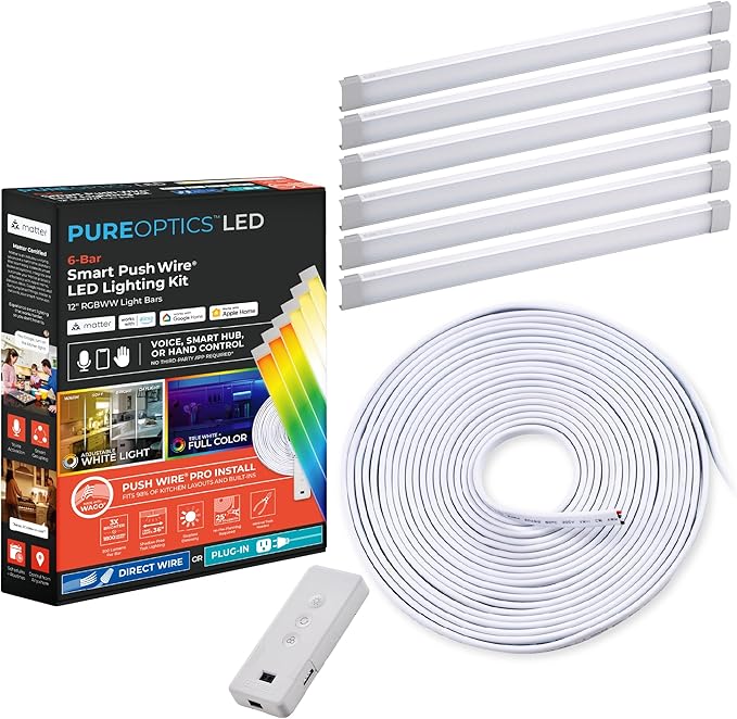 Black+Decker Professional Push Wire® Matter Certified Smart Under Cabinet Lighting Kit, Adjustable White and RGB LEDs, Works with Alexa, Apple Home, Google Home, (6) 12" Bars