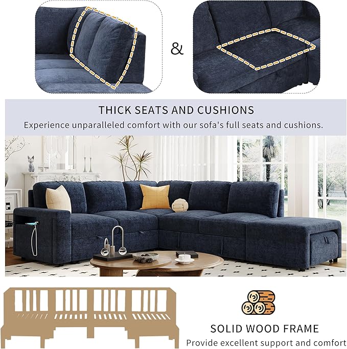 90.6" L-Shaped Modular Padded Cloud Sectional Fabric Sofa Set with Pull Out Bed, Convertible Sectional Couches w/Storage Space and USB Ports & Cup Holders on The Armrests,for Living Room,Blue