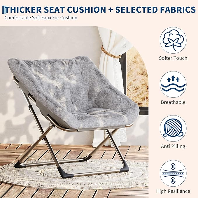 Folding Saucer Chair for Adults, Comfortable Living Room Lounge Chair with Soft Faux Fur Cushion, No Assembly Required, Foldable Accent Furniture for Apartments/Dorms/Bedrooms, Grey