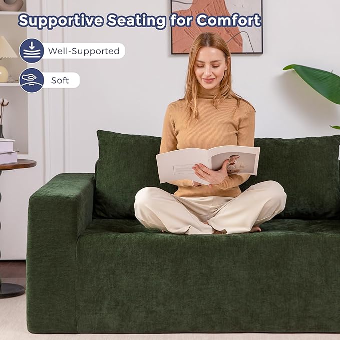 MAXYOYO Modular Sofa Couch, 61" Loveseat Boneless Cloud Couch with Deep Seat, Chenille Upholstered Living Room Sleeper Sofa Chair for Living Room, No Assembly Required, Dark Green