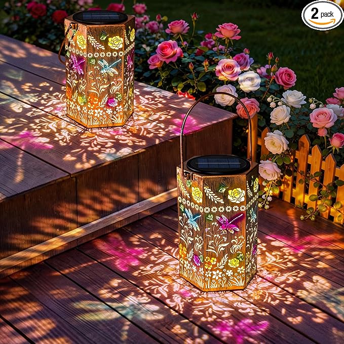 Dragonfly Outdoor Solar Lantern - Garden , Patio, Pathway, Yard Decor Gift for Women Mom Grandma（ 2 Pack）