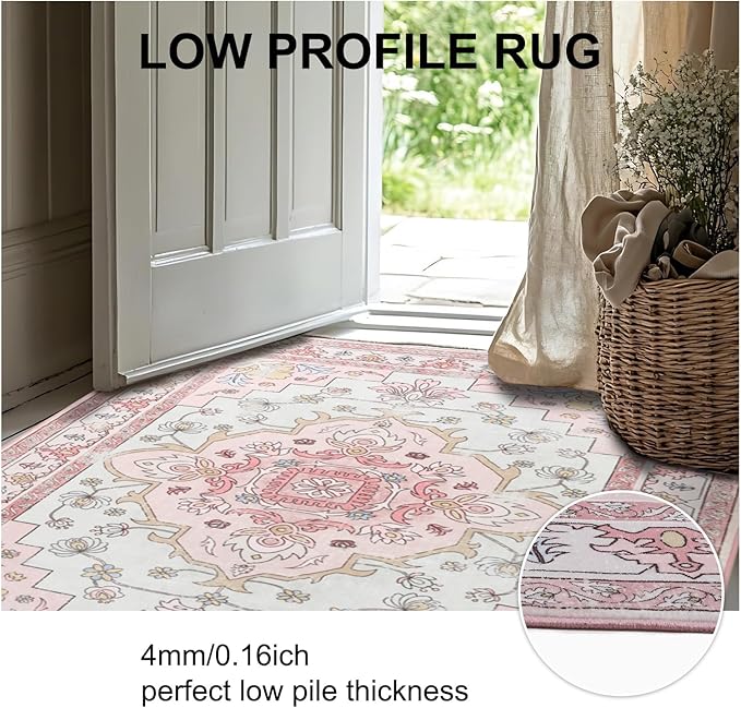 MOSISO 5x7 Area Rug for Living Room, Washable Area Rug, Non-Slip Vintage National Area Rugs, Low Pile Carpet, Faux Wool Rectangular Area Rugs Carpet for Living Room Bedroom Dining Room, Home, Pink