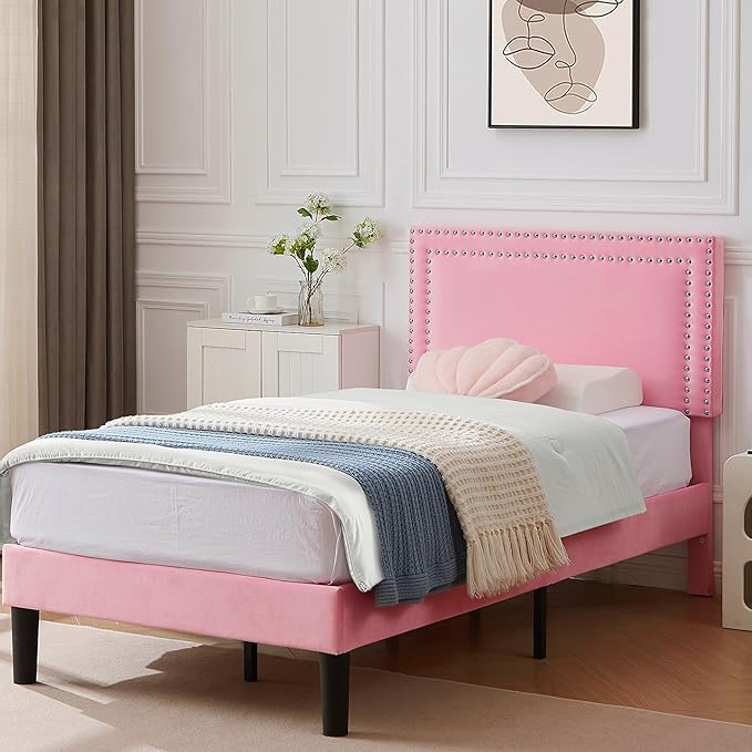 Twin Size Platform Bed Frame with Height Adjustable Upholstered Headboard, Modern Mattress Foundation,Strong Wood Slat Support, No Box Spring Needed, Easy Assembly