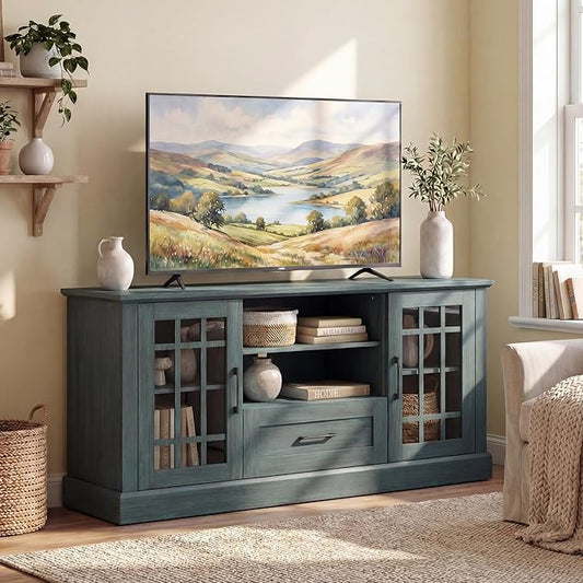 Giantex Farmhouse TV Stand for 65/70 Inch TV, Tall Entertainment Center with Storage Cabinets, Glass Doors, Drawer, Removable Shelves, Media TV Console Table for Living Room, Bedroom (Vintage Green)