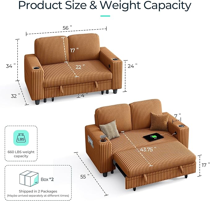 LINSY HOME Sectional Sleeper Sofa Pull Out Couches for Living Room (Brown, Pull Out Couch) | Pull Out Sofa Bed, Storage, USB Charging, Cup Holders, Plush Corduroy | Pull Out Sofa Bed, Storage, USB Charging, Cup Holders, Plush Corduroy