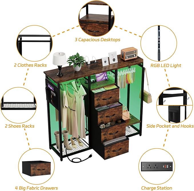 Dresser for Bedroom with 2 Hanging Racks, 4 Drawer Storage Unit with Led Light and Charging Station, Brown Dresser with Clothes Rack, Bedroom Organization with Side Pocket and Hooks, Brown