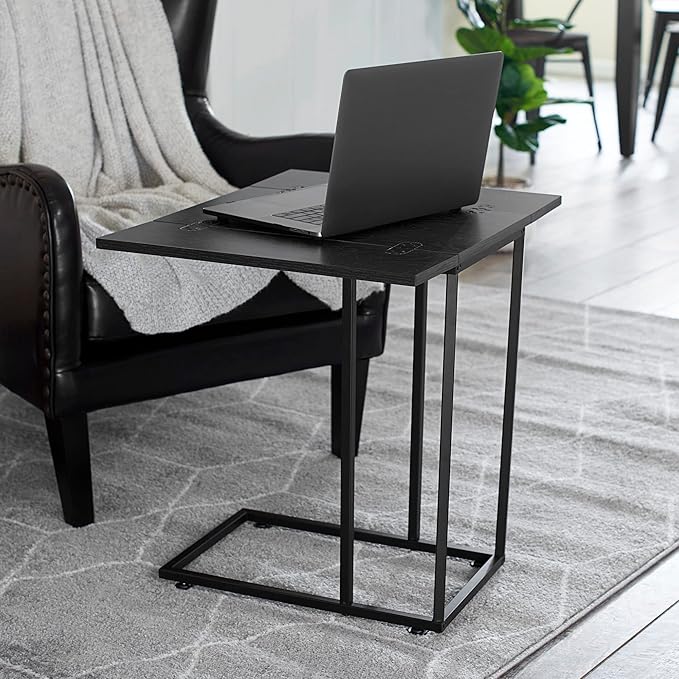 Household Essentials Jamestown Extendable C-Shaped for Accessiblity Side End Table Black Oak Wood Grain and Black Metal