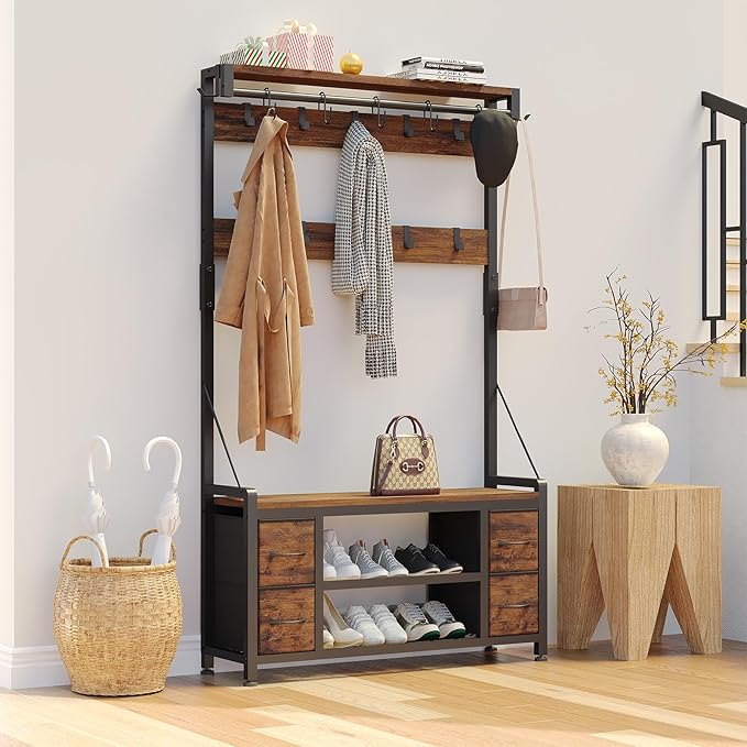 39" Hall Tree with Storage Coat Rack freestanding Entryway Furniture Bench, 5 in 1 Design Front Door Shoe Rack and Wall Rack Hooks, and 4 Drawers (Rustic Brown)