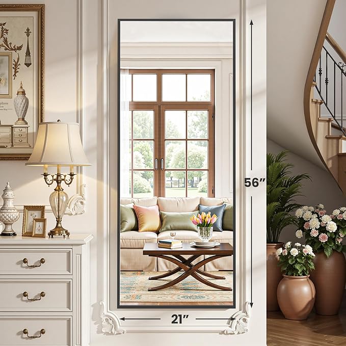 OLIXIS Full Length Mirror for Bedroom, 56"x21" Full Body Mirror with Stand, Hanging or Leaning for Wall, Aluminum Alloy Thin Frame Floor Standing for Living Room, Long, Black
