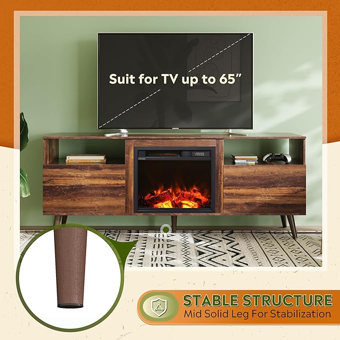 WLIVE Fireplace TV Stand for 55 65 Inch TV, Mid-Century Entertainment Center with Electric Fireplace, Media TV Console with Extra Open Shelf & Storage Cabinets for Living Room Bedroom, Rustic Brown