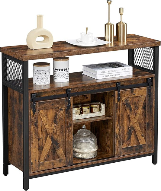 VASAGLE Buffet Cabinet, Coffee Bar Storage Cabinet, Sideboard with 2 Sliding Barn Doors, Adjustable Shelves, 13 x 39.4 x 31.5 Inches, for Living Room, Rustic Brown and Ink Black ULSC092B01