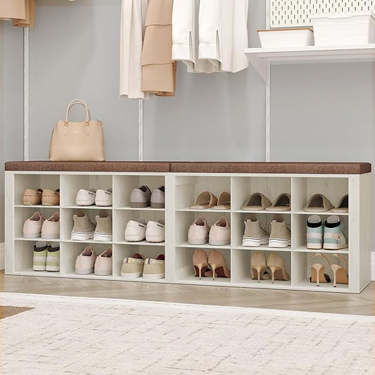 Shoe Storage Bench with Cushion, Entryway Storage Bench with 18 Cubbies, 9.5" Widened Organizer Cabinet, Long Cubby Rack for Living Room, Bedroom, Entryway, White and Brown SB25714KA