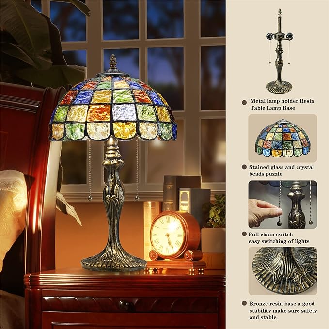 Tiffany Lamp Crystal Square Style,Stained Glass Table Lamp 12" Vintage Living Room Office Bedroom Bedside Reading Lamp,Handmade Tiffany Desk Light -Decorate Gift (2 LED Bulb Included)