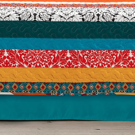 Lush Decor Boho Stripe Quilted 3 Piece Cover Set, Daybed, Turquoise & Tangerine