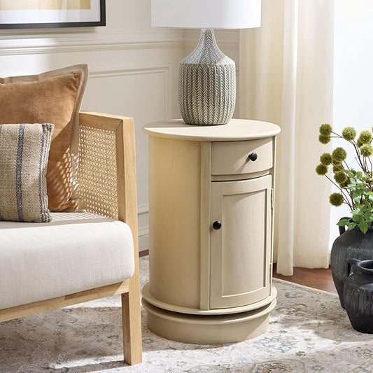 SAFAVIEH Home Collection – Tabitha Sand Accent Table, Round Swivel Side Table with 1 Drawer & Interior Cabinet Storage, Classic Pedestal Design, Fully Assembled (AMH5712G)