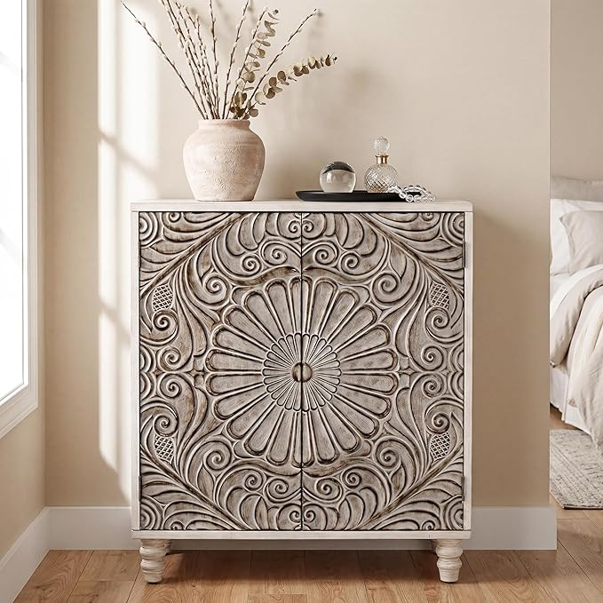 COSIEST Set of 2 32" Buffet Sideboard Cabinets with Storage, Accent Cabinet with Push-to-Open Doors, Vintage Flower Carved Pinewood Doors, Entryway Console for Living Room, Kitchen, Hallway, Gray