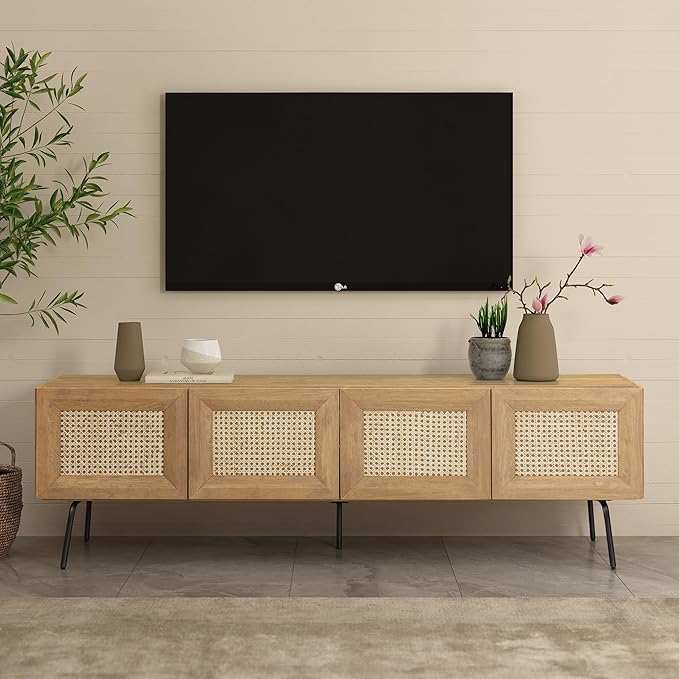 NTC Mossic TV Media Cabinet with 4 Doors for TVs, Entertainment Center with Natural Rattan, Metal Legs, Modern Storage Console for Living Room and Bedroom, Effortless Assembly, Sand