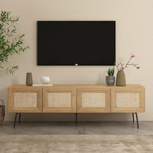 NTC Mossic TV Media Cabinet with 4 Doors for TVs, Entertainment Center with Natural Rattan, Metal Legs, Modern Storage Console for Living Room and Bedroom, Effortless Assembly, Sand