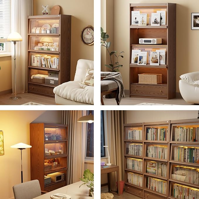Solid Wood Bookcase With Flip-Up Tempered Glass Doors And 3 Color Led Lights,4 -Tier Wooden Bookshelf And 1 Drawer,Tall Bookshelves Modern Storage Cabinet Kitchen Pantry For Living Room,Office