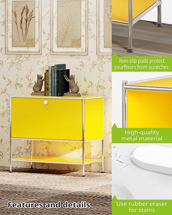 Metal Sidetable with Flap Door, 27.5" Height - DIY Modern Furnishing for Home, Office, Foyer, Bedroom - Night Stand, Book Shelf, Bookshelf, Cube Storage Organizer, Bedside Table (Matt Yellow)