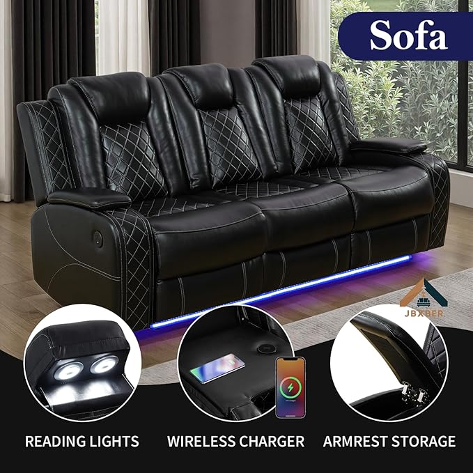 Power Recliner Sofa Sets for Living Room, Leather Recliner Sofa Set with LED Light, Console Storage, Cup Holder for Home Theater Seating(Sofa and Loveseat,Black)