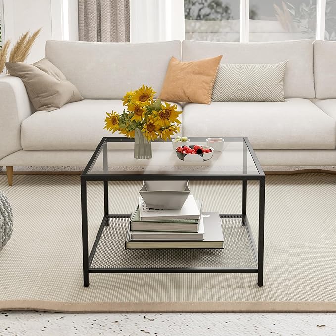 Giantex 27.5" Square Coffee Table - Tempered Glass Center Table w/Bottom Storage Shelf & Metal Frame, Modern Accent Table for Small Space, Living Room, Home, Office (2-Tier, Transparent)