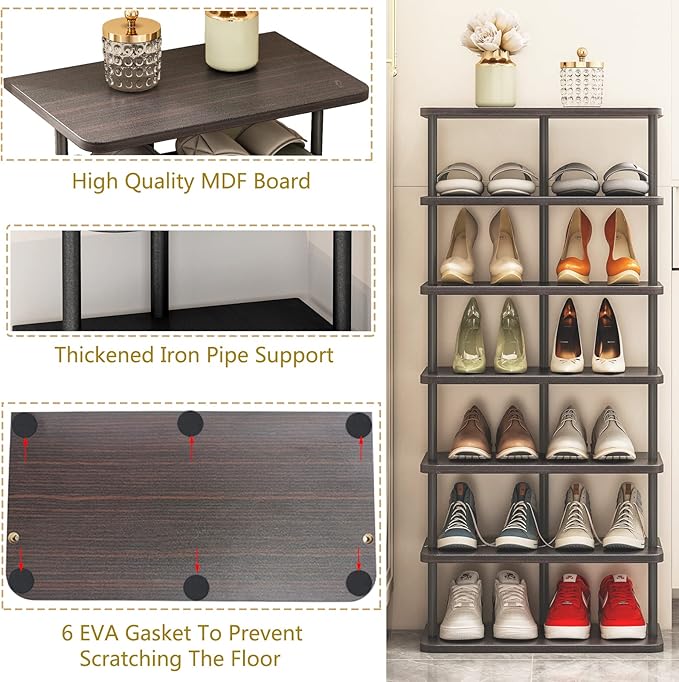 SORCEDAS 7 Tiers Vertical Shoe Rack Wooden Shoe Storage Organizer for Space Saving Narrow Shoe Shelf Storage 14 Pairs for Entryway Living Room Bedroom(Black + Rustic Dark Brown)