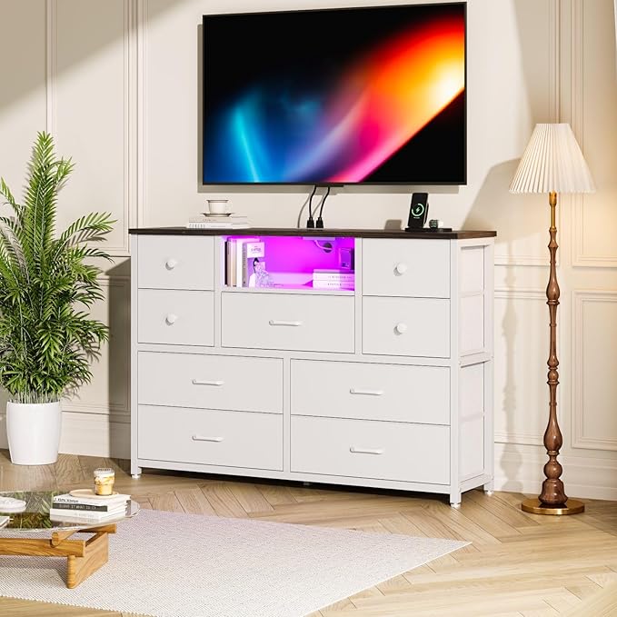 NONGSHIM Dresser with Charging Station and LED Lights, Long Dressers for Bedroom Dresser TV Stand with 9 Drawers, Fabric Chest of Drawers with PU Finish, Wide Dressers Storage Organizer, White+Walnut