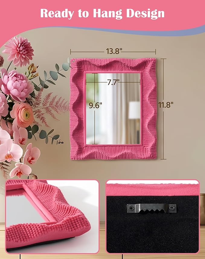 Cute Wall Mirror Decor for Girls Bedroom Dressing Room, 14x12 Wavy Decorative Wall-Mounted Mirror for Hallway Entryway Home Office, Funky Framed Vanity Mirrors As Photo Backdrop (Rose Pink)