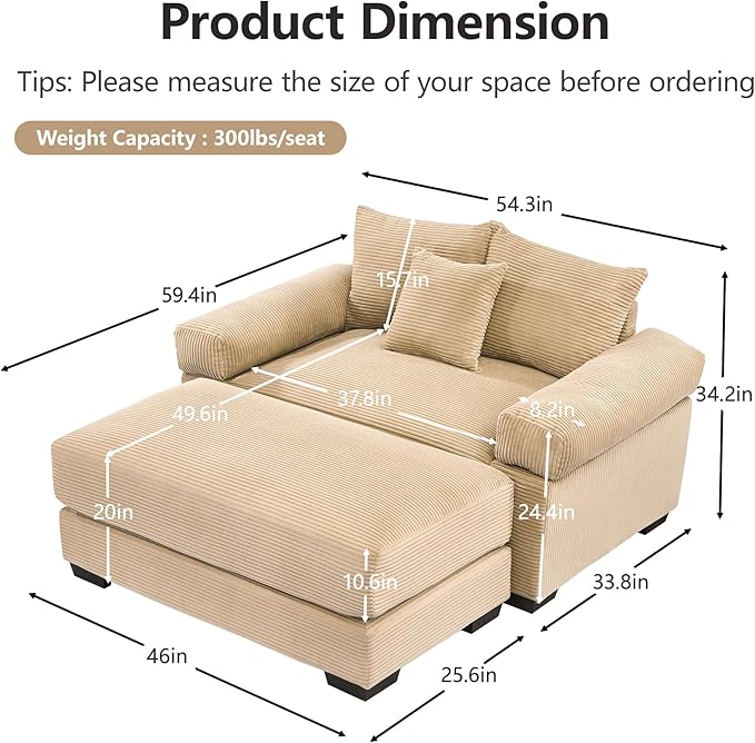 KEIKI 54" Oversized Corduroy Modular Sectional Single Sofa with 1 Ottoman, High-Density Foam Cushions, Extra-Thick Armrests, Modern 1-Seater Lounge Accent Chair with 3 Pillow, for Living Room, Camel