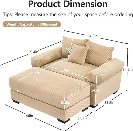 KEIKI 54" Oversized Corduroy Modular Sectional Single Sofa with 1 Ottoman, High-Density Foam Cushions, Extra-Thick Armrests, Modern 1-Seater Lounge Accent Chair with 3 Pillow, for Living Room, Camel