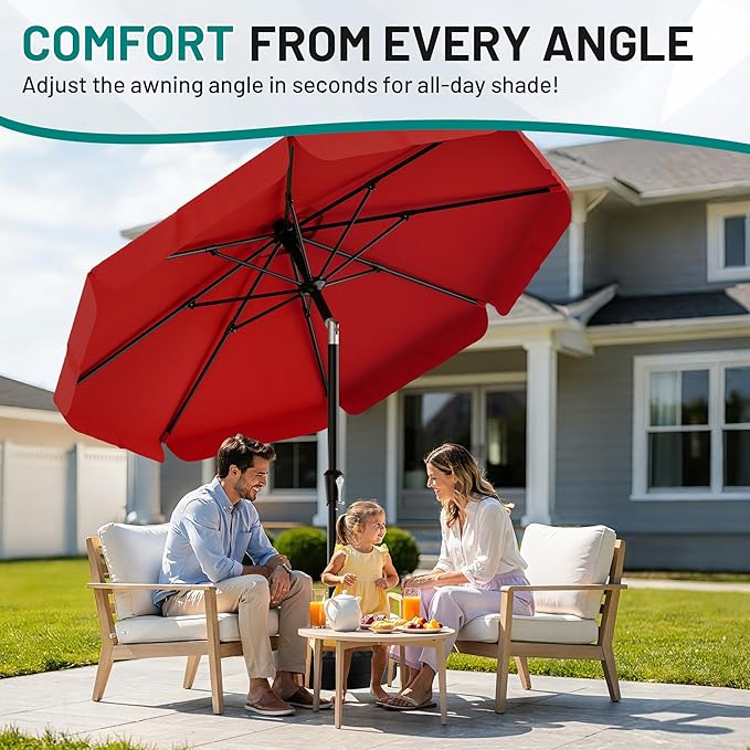 AreShark 9FT Valance Patio Umbrella, Outdoor Table Umbrella with Tilt and Crank, Outdoor Market Umbrellas W/ 8 Sturdy Ribs UV Protection for Garden, Deck, Backyard and Pool, Red
