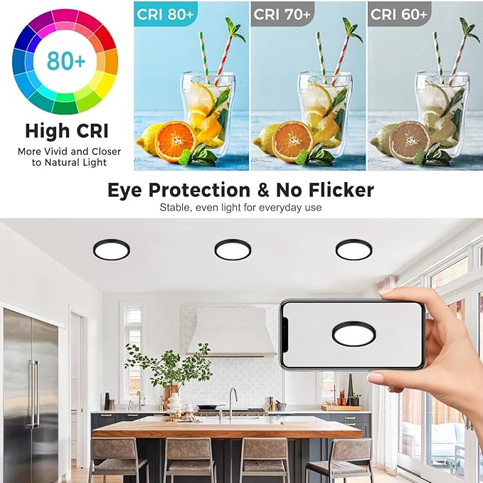 libtit 10Pack 7inch LED Flush Mount Ceiling Light, Dimmable & 5Color Temperatures (3000K-6500K), 15W Round Slim Black Light Fixture for Closet Hallway Kitchen Bathroom Laundry