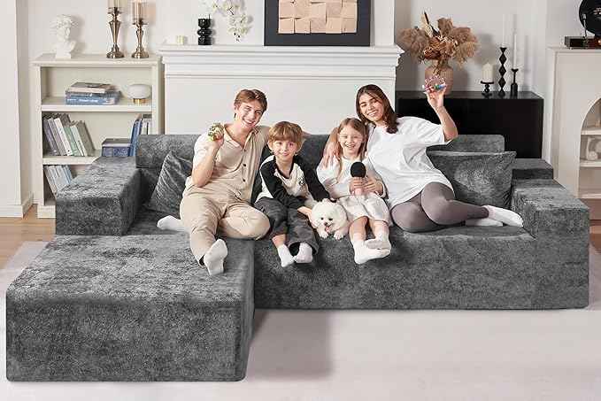 HABUTWAY 105" L-Shape Modular Sectional Sofa Couch for Living Room,No Assembly Required,Modular Comfy Sofa with Deep Seat for Living Room Bedroom,Luxury Distressed Velvet(Left,Grey)