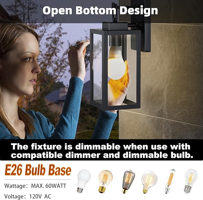12” Black Wall Sconce Lights-12 Inch Outdoor Wall Light,Exterior Sconce Steel and Glass Outdoor Porch Light, Black Lantern for Front Porch Garage Balcony