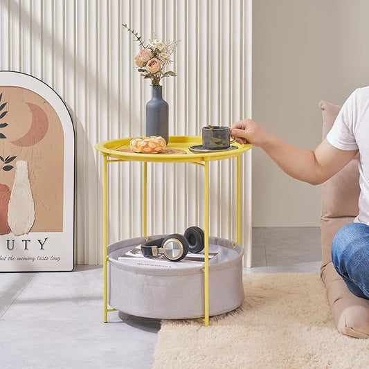 VECELO Round Side/End Table with Fabric Storage Basket，Metal Anti-Rust and Waterproof Small Bedside Nightstand with Removable Tray Top for Living Room，Balcony & Laundry，Yellow /1pcs with Basket