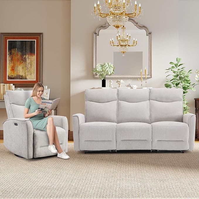 ANJ 2 Pieces Recliner Sofa Furniture Set,Include Power Swivel Recliner Chair with USB Port and 80" Wide Overstuffed 3 Seater Reclining Couch for Living Room, Light Grey