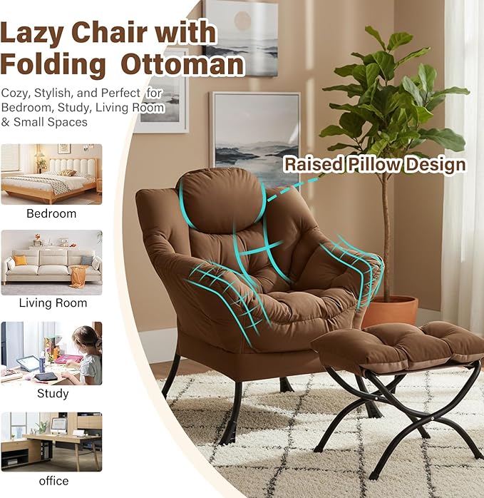 Lazy Chair with Ottoman, Modern Accent Chair with Folding Footrest, Dark Brown Sofa Chair Set, Comfortable Reading Chairs, Oversized Armchairs for Bedroom, Study, Living Room, Courtyard