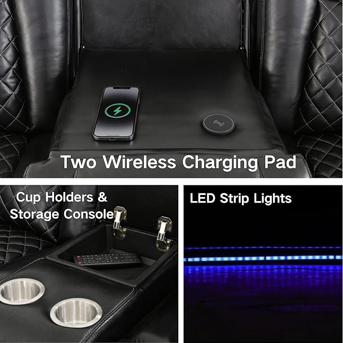 Power Recliner Sectional Sofa with LED Lights & Reading Lamps, Breathing Leather Corner Couch with USB Charging, Storage Console & Cup Holders in Every Armrest, Home Theater Seating for Living Room